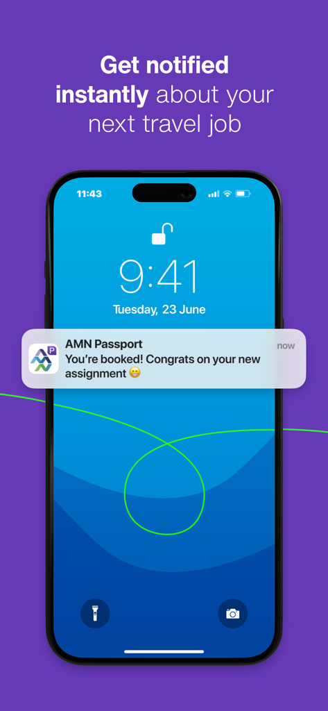 AMN Passport: Healthcare Jobs - A smartphone showing a push notification from the AMN Passport app confirming a new healthcare job assignment booking.