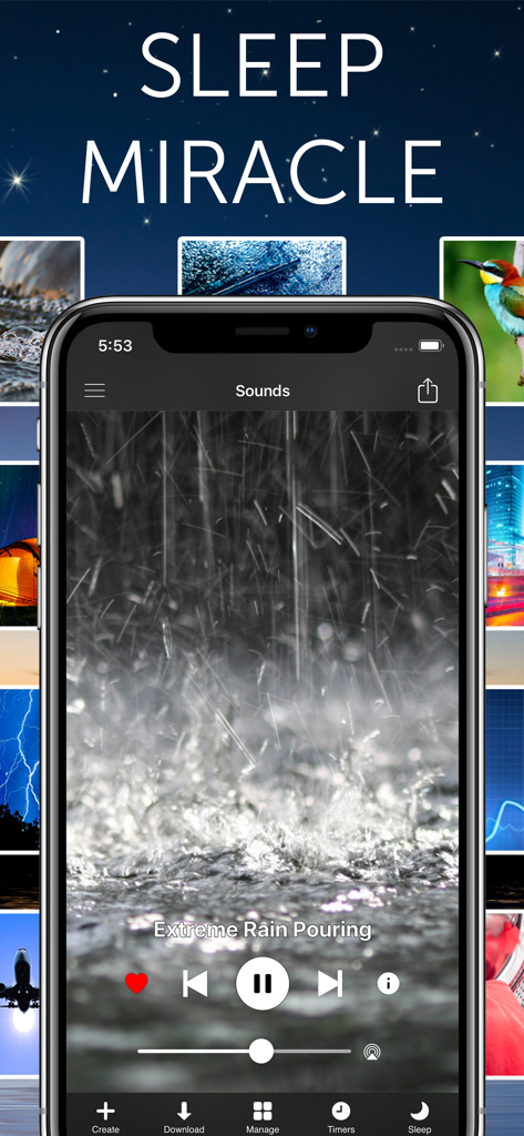 White Noise Pro - White Noise Pro app interface playing Extreme Rain Pouring sound for sleep