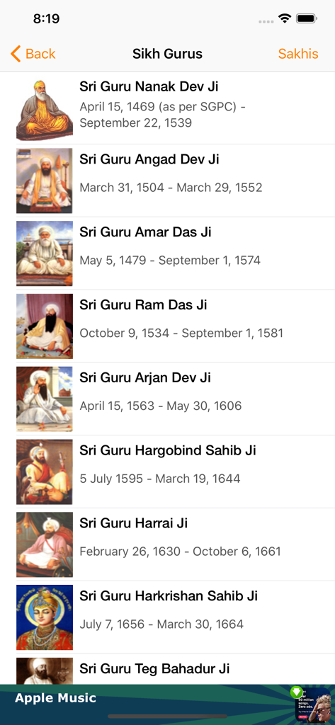 Sikh World - A list of Sikh Gurus with their names life dates and portraits shown in the Sikh World mobile application