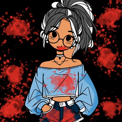 girl with a messy ponytail glasses a baggy crop top and jean shorts