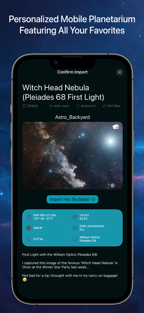 SkySafari 8 Plus - A smartphone screen showing the SkySafari 8 Plus interface for importing a Witch Head Nebula astrophotography image with technical equipment data.