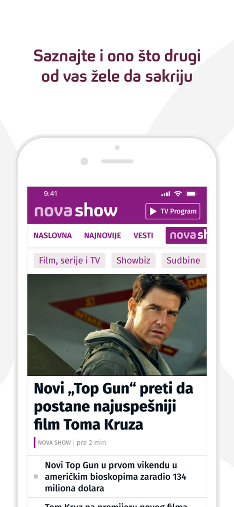 NOVA Portal - L'app NOVA Portal mostra un articolo di notizie sul successo del film Tom Cruise e Top Gun