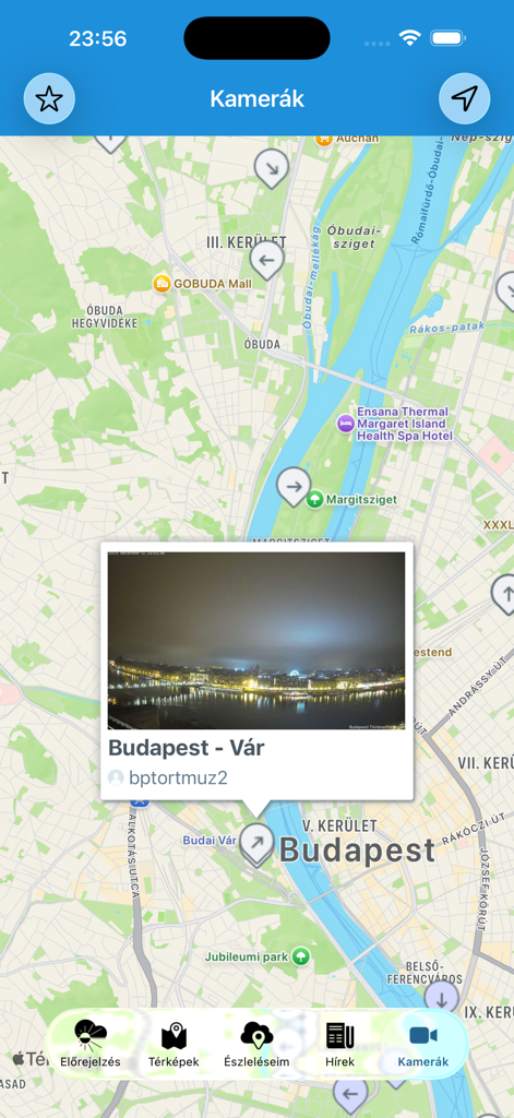 Időkép - Interfaz del mapa de la aplicación meteorológica Időkép mostrando una vista previa de la webcam en vivo de Budapest por la noche
