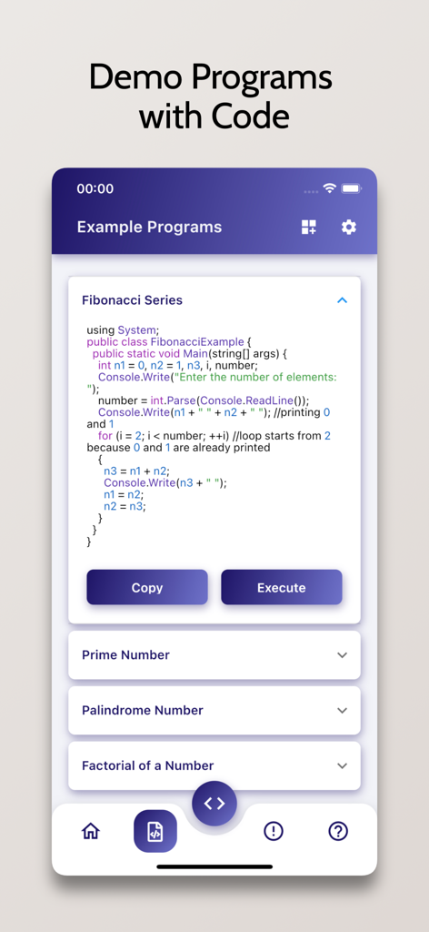 C# Compiler - Run .cs Code - C Sharp Compiler app displaying example programs like Fibonacci Series with code and execute buttons.