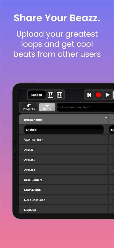 Interface of vocalBeazz app showing a list of user uploaded music loops for sharing in the community cloud.