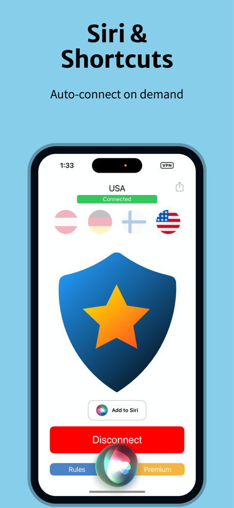 Interfaz de Astra VPN que muestra la integración con Siri y Accesos Directos para la conexión automática bajo demanda