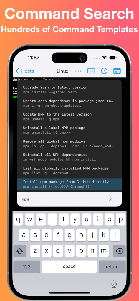La interfaz de búsqueda de comandos del cliente SSH La Terminal con plantillas de comandos npm en iPhone