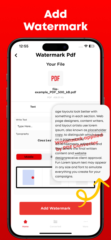 Oberfläche der Word-in-PDF-Konverter-App, die die Funktion "Wasserzeichen hinzufügen" mit Textanpassung und einer Dokumentenvorschau zeigt