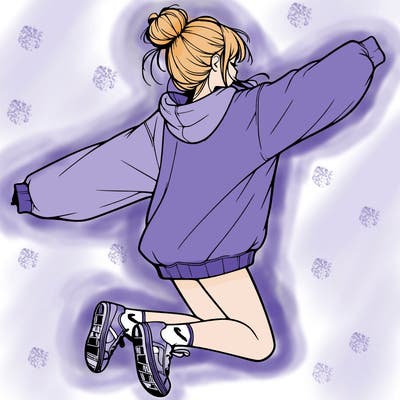 realistic girl jumping with a bun and oversized sweatshirt