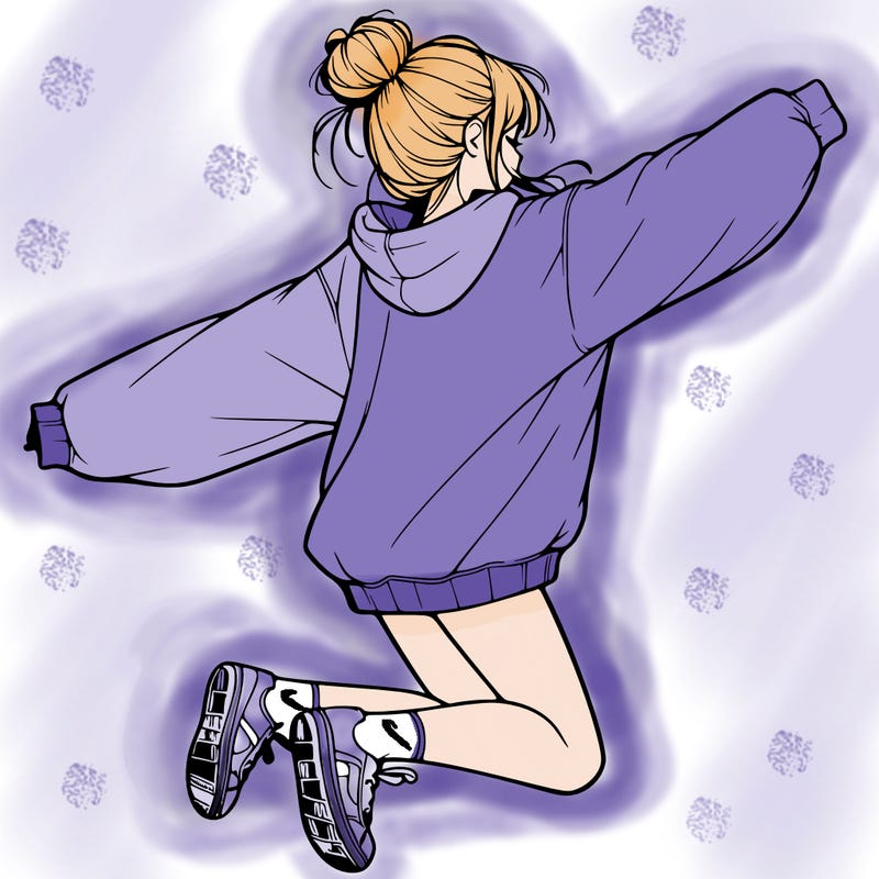 realistic girl jumping with a bun and oversized sweatshirt