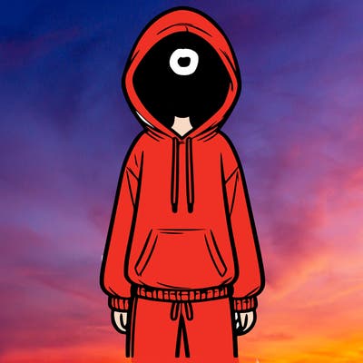 faceless girl in a tracksuit with a hood on and no hair