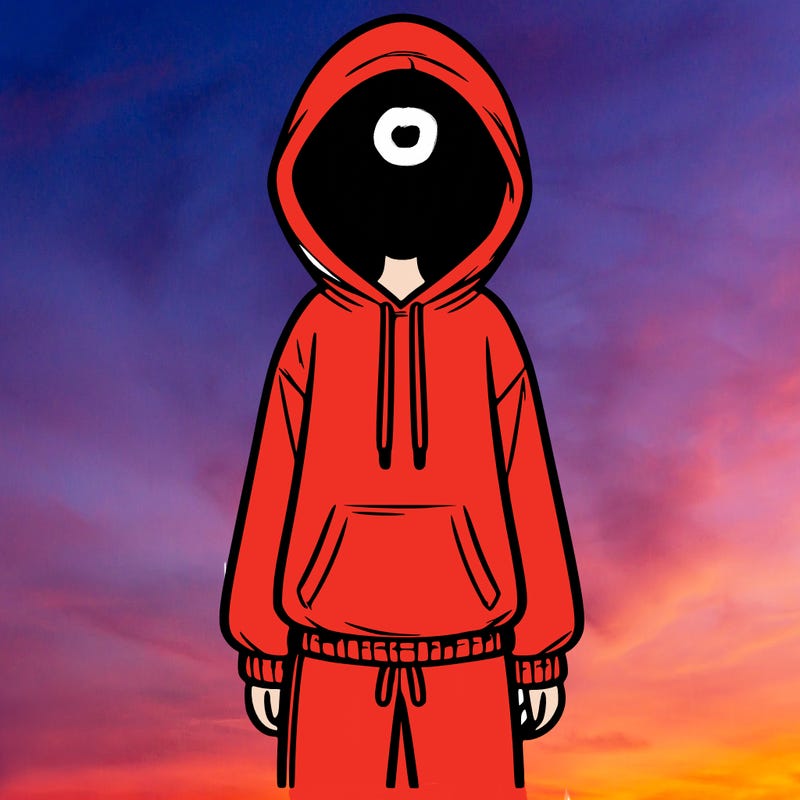 faceless girl in a tracksuit with a hood on and no hair