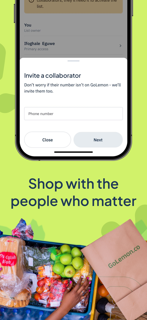 GoLemon: Grocery & Essentials - GoLemon app screen showing how to invite a collaborator to a shared shopping list
