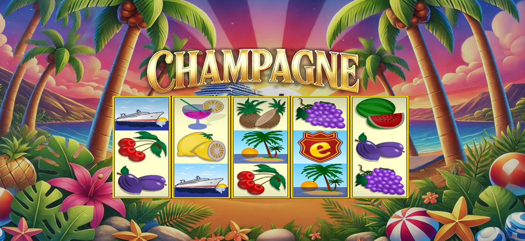 Champagne Slot - Champagne Slot game interface with five reels and tropical fruit symbols on a beach background