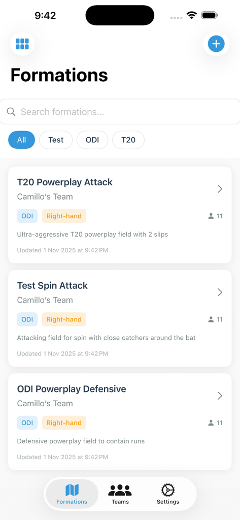 Cricket Fielding - Una lista de formaciones y estrategias de fielding de cricket para partidos T20, ODI y Test en la aplicación.