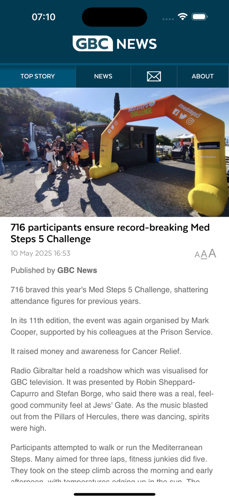 GBC News - GBC News app displaying a local news article about the Med Steps 5 Challenge event in Gibraltar.