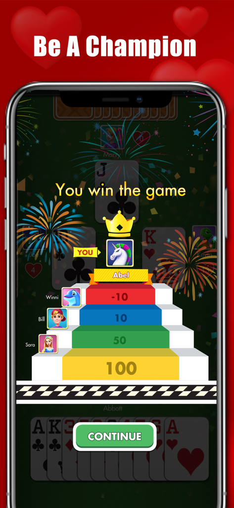 Schermata di vittoria dall'app del gioco di carte Hearts che mostra il giocatore al primo posto su un podio della classifica con fuochi d'artificio
