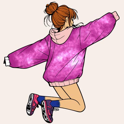 realistic girl jumping with a bun and oversized sweatshirt