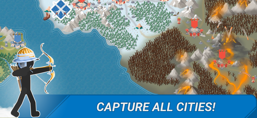 Stickman archer aiming at a strategic world map with different biomes and cities to capture
