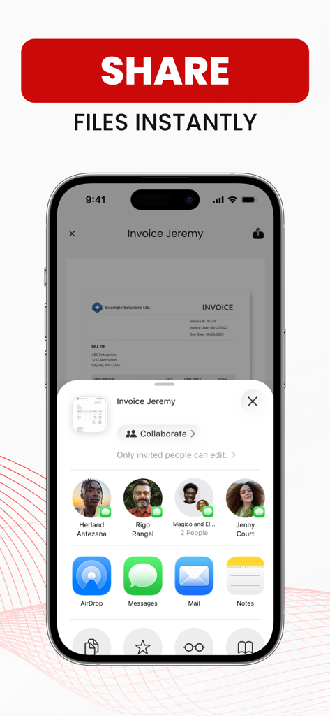 iPhone screen displaying the instant file sharing menu for a converted PDF document