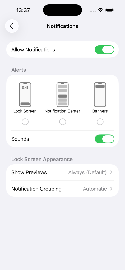 VoiceClock - Talking - iOS system notification settings menu for VoiceClock app showing options for alerts and sounds