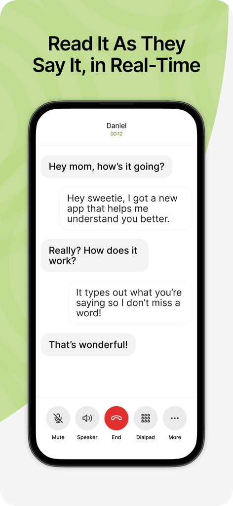 Interface da aplicação CaptionCall Mobile mostrando uma transcrição de texto em tempo real de uma chamada telefónica entre mãe e filho.