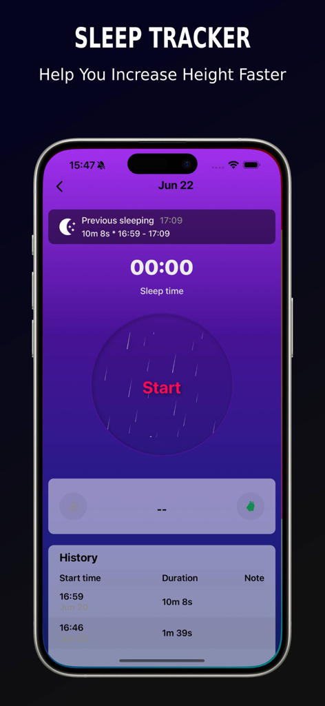 Sleep tracker screen of the Teen Height Increase Program app