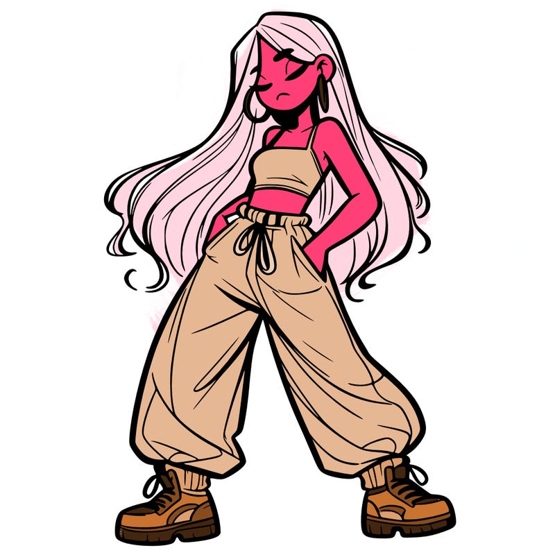 girl in baggy pants crop top and long hair