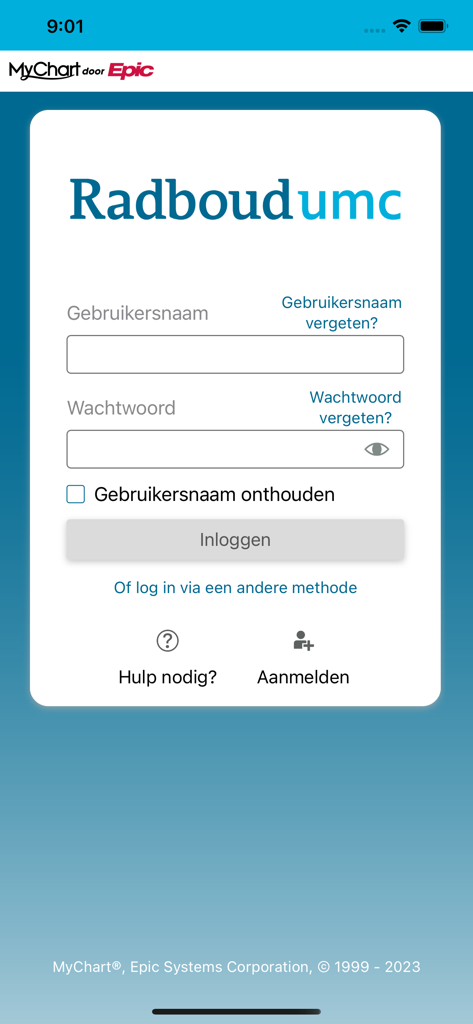 Écran de connexion de l'application du portail patient mijnRadboud
