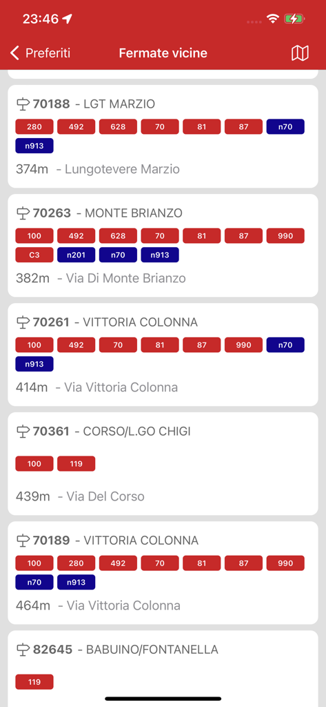 Probus Rome - Atac Transport - Probus Rome app showing a list of nearby bus stops with line numbers and distances in meters