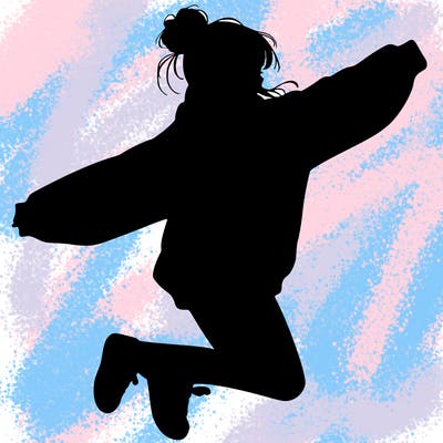 realistic girl jumping with a bun and oversized sweatshirt