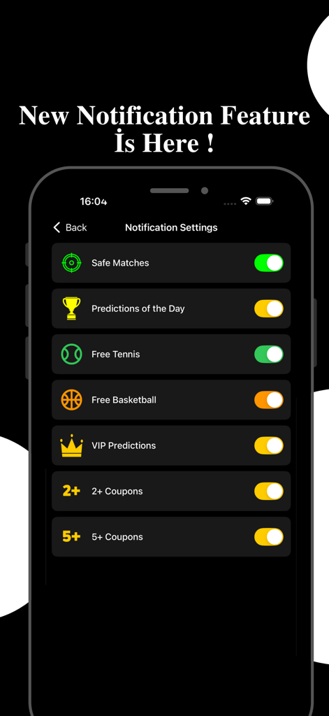 Bet Heaven app notification settings screen showing toggle options for sports predictions and match alerts.
