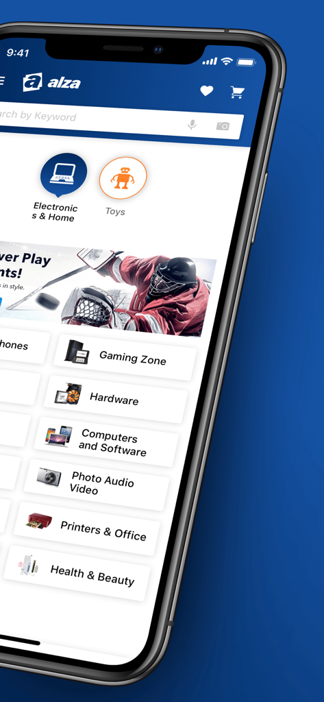 Tela inicial do aplicativo de compras móvel Alza mostrando categorias de produtos para eletrônicos, jogos e hardware de computador.