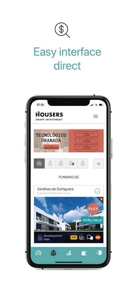 Smartphone screen displaying the Housers app interface with real estate investment projects