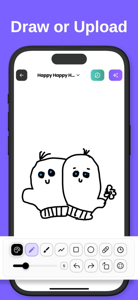 Drawing to Image - Sketch AI - Sketch AIのモバイルアプリインターフェースで、シンプルなキャラクターの落書きと描画ツールが表示されている画面