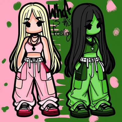 girl in baggy pants crop top and long hair