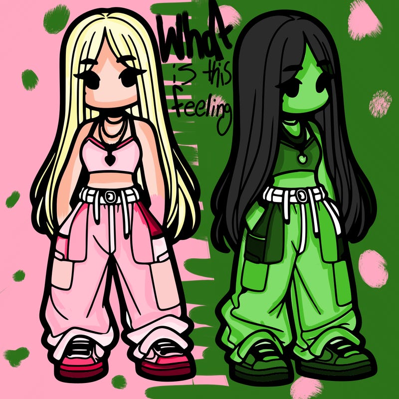 girl in baggy pants crop top and long hair