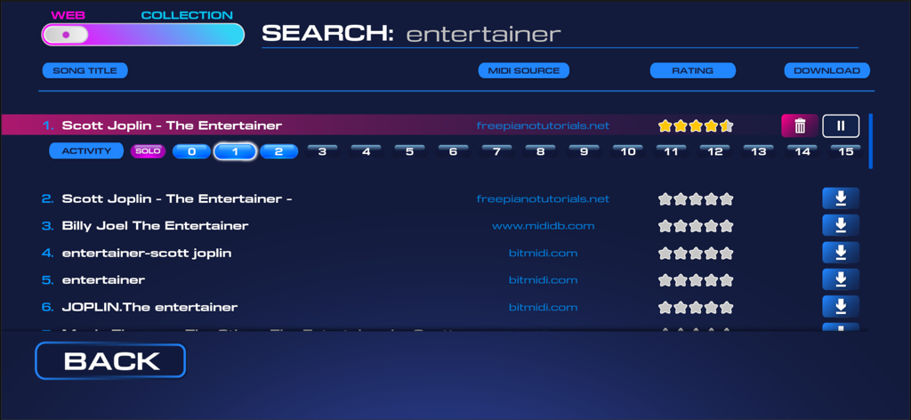 Ginst - Music Game - Interface of the Ginst music game showing a search for midi files and song download options