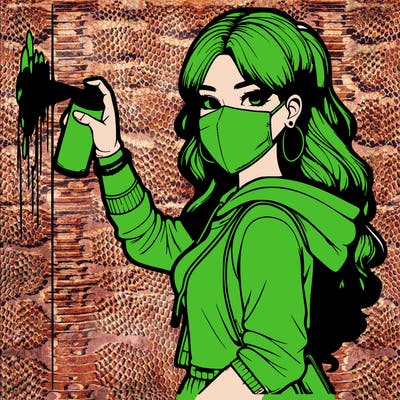 realistic girl with mask spray painting a wall