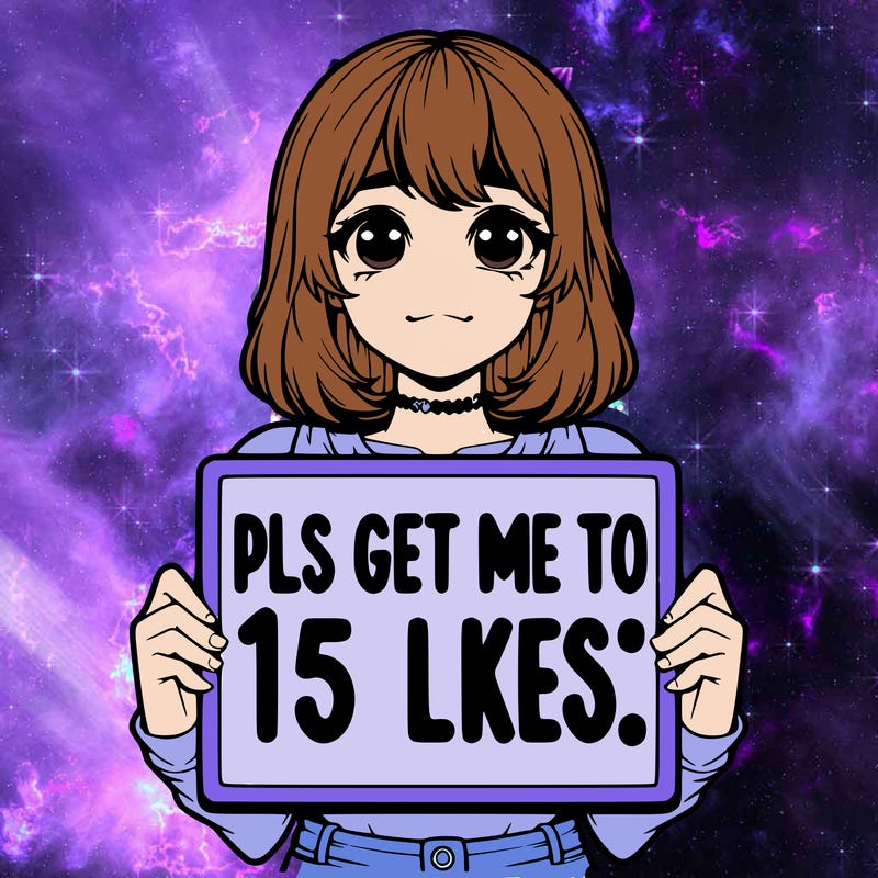 realistic girl holding up a sign that says “pls get me to 15 likes!”