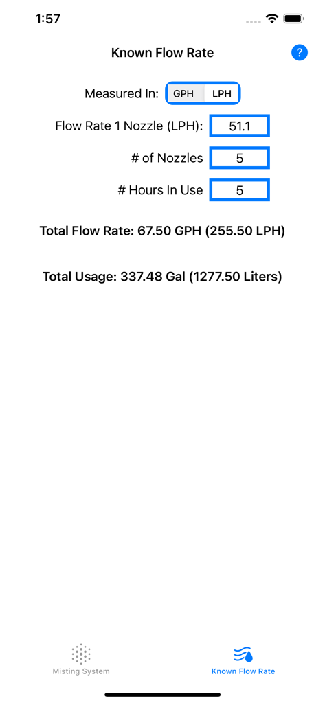 Misting app interface showing water flow rate and usage calculations for outdoor cooling systems