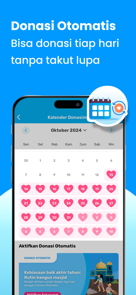 Kitabisa: Donasi, Zakat, Wakaf - Interfaccia dell'app Kitabisa che mostra il calendario delle donazioni automatiche con una serie giornaliera di contributi contrassegnati da un cuore.