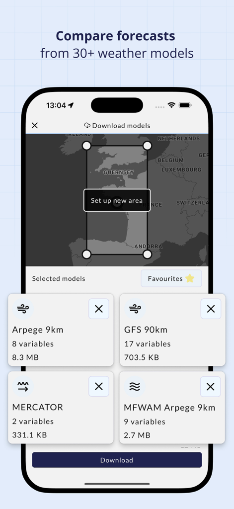L'interface de l'application mobile Squid permet de sélectionner et de télécharger plusieurs modèles météorologiques maritimes pour la navigation hauturière professionnelle.