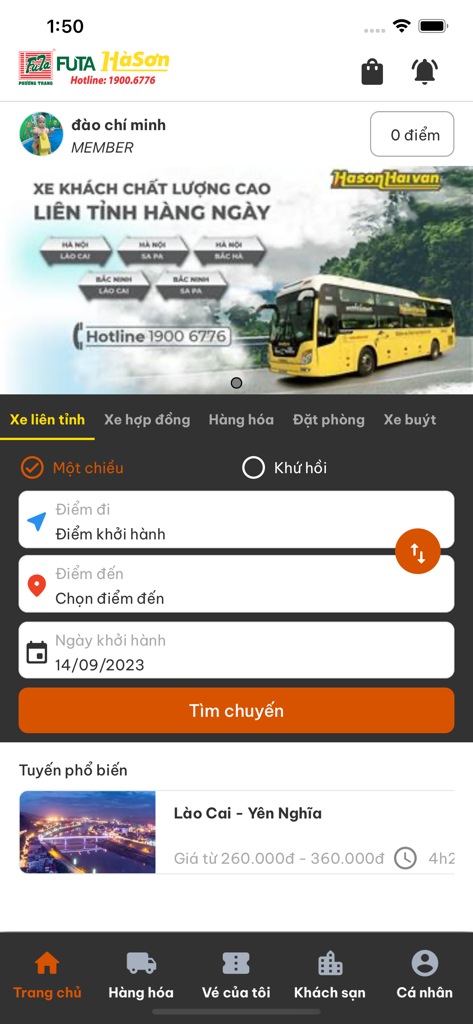 Futa Hà Sơn - Futa Ha Son mobile app home screen for booking intercity bus tickets in Northern Vietnam