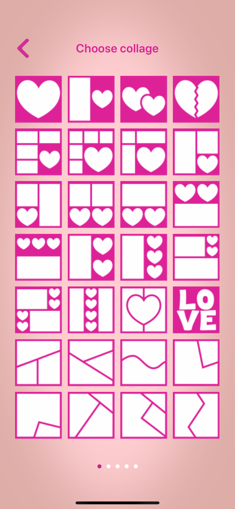 Love Pic - Photo Collage Maker - Eine Auswahl an herzförmigen und romantischen Fotocollagen-Layouts auf pinkem Hintergrund.