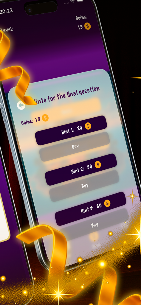 Crazy time:Crazy Mind Boost - Crazy timeアプリのスクリーンショット。仮想コインを使用して、最終クイズの質問のヒントを購入するオプションが表示されています。
