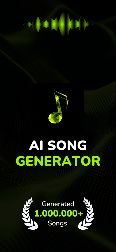 AI Music & Song Generator - AI - Pantalla de la aplicación Generador de Canciones IA mostrando una nota musical verde y un hito de más de un millón de canciones generadas