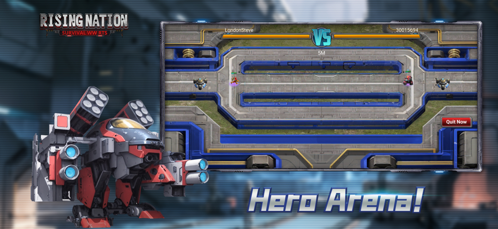 Rising Nation: Survival WW RTS - A futuristic combat mech next to a top down real time strategy battle in the Hero Arena mode of Rising Nation Survival WW RTS.