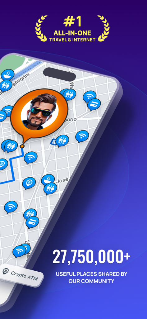 Pantalla de la aplicación WiFi Map que muestra un mapa con puntos de acceso compartidos por la comunidad e íconos de servicios de viaje