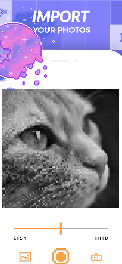 Color By Number! Pixel Art - A mobile screen showing the import photos feature with a pixelated cat image and an easy to hard difficulty slider.